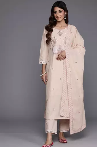 Floral Embroidered Mirror Work Pure Cotton Kurta with Trousers & Dupatta
