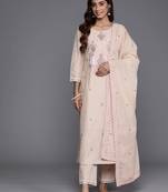 Floral Embroidered Mirror Work Pure Cotton Kurta with Trousers & Dupatta