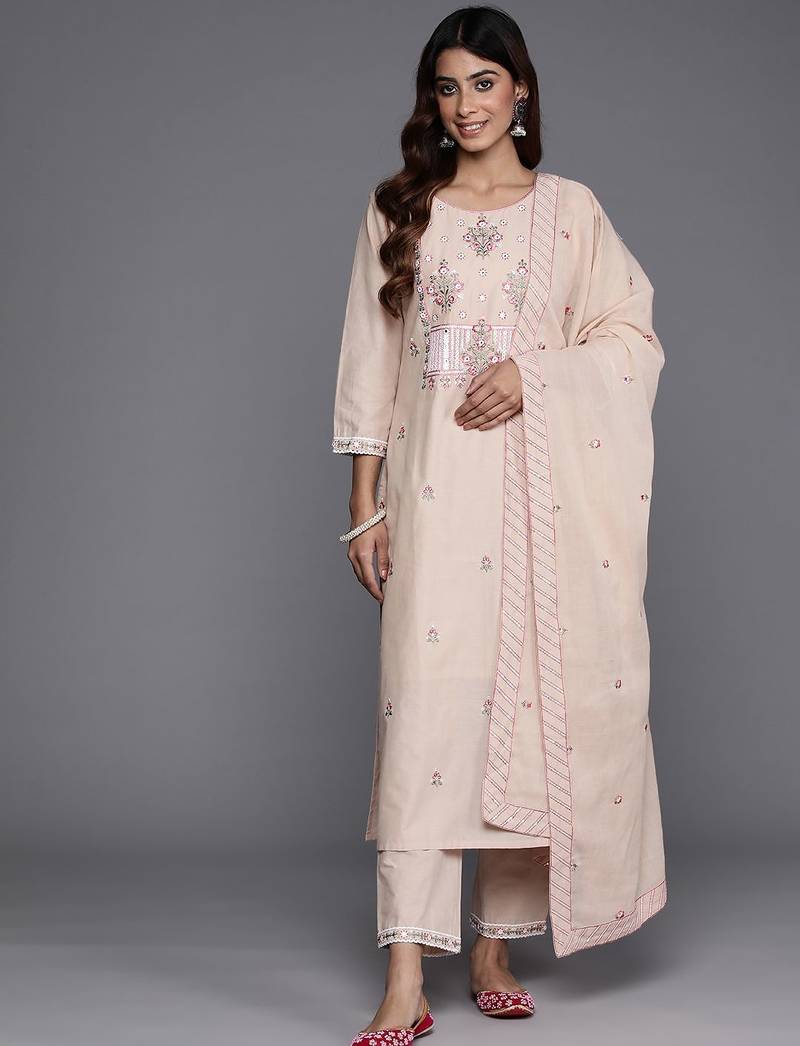 Floral Embroidered Mirror Work Pure Cotton Kurta with Trousers & Dupatta