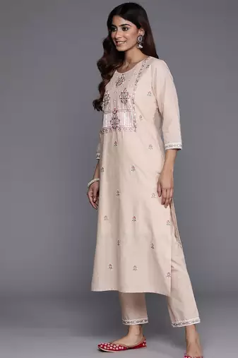 Floral Embroidered Mirror Work Pure Cotton Kurta with Trousers & Dupatta