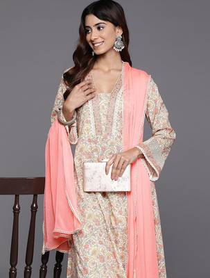 Floral Printed Mirror Work Pure Cotton Anarkali Kurta with Trousers & Dupatta 2