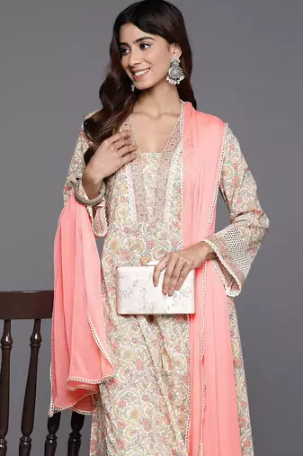 Floral Printed Mirror Work Pure Cotton Anarkali Kurta with Trousers & Dupatta