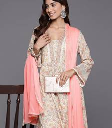 Floral Printed Mirror Work Pure Cotton Anarkali Kurta with Trousers & Dupatta