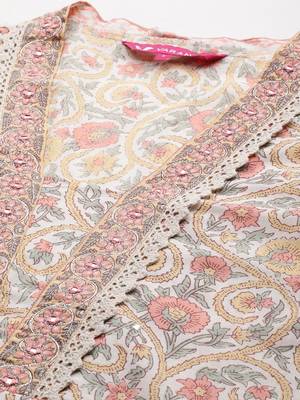 Floral Printed Mirror Work Pure Cotton Anarkali Kurta with Trousers & Dupatta 3
