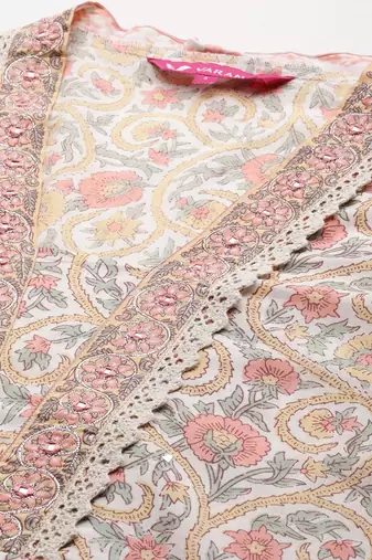 Floral Printed Mirror Work Pure Cotton Anarkali Kurta with Trousers & Dupatta