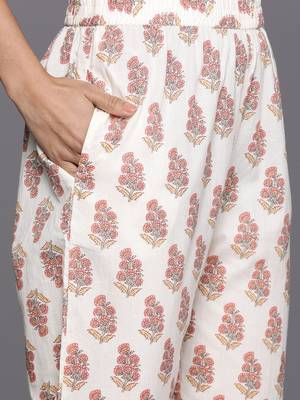 Floral Printed Mirror Work Pure Cotton Anarkali Kurta with Trousers & Dupatta 4