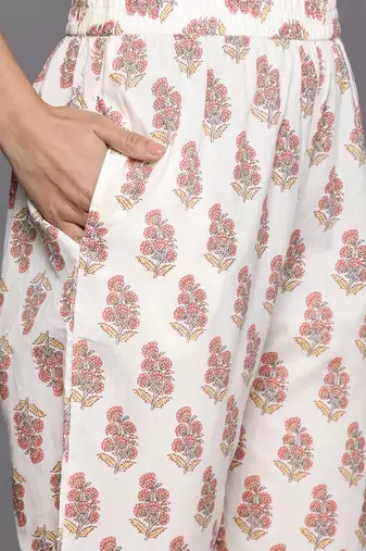 Floral Printed Mirror Work Pure Cotton Anarkali Kurta with Trousers & Dupatta