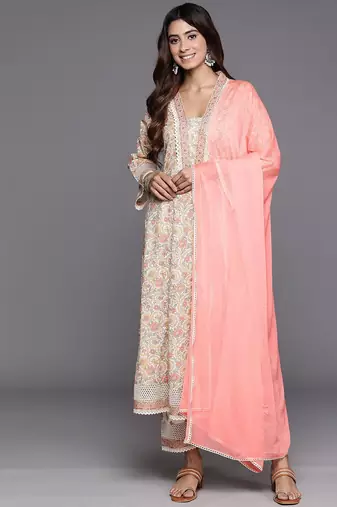 Floral Printed Mirror Work Pure Cotton Anarkali Kurta with Trousers & Dupatta