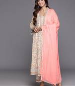 Floral Printed Mirror Work Pure Cotton Anarkali Kurta with Trousers & Dupatta