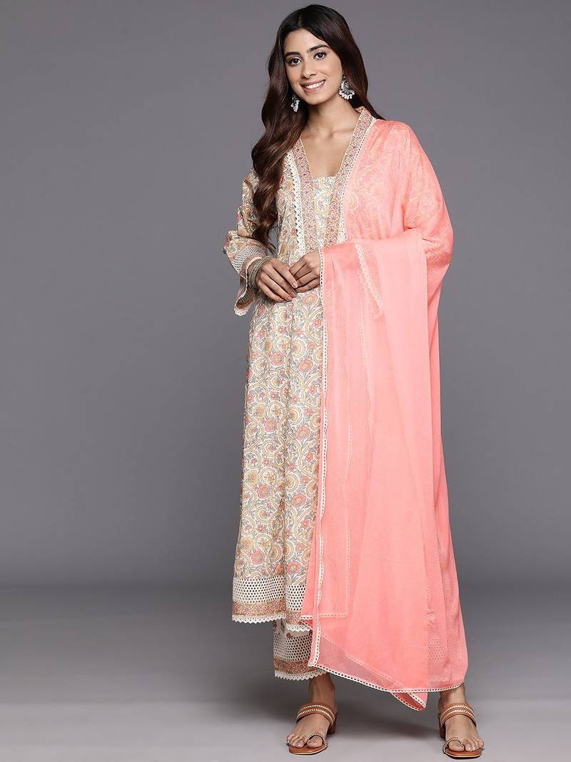 Floral Printed Mirror Work Pure Cotton Anarkali Kurta with Trousers & Dupatta