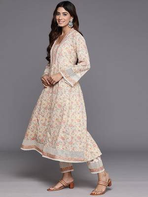 Floral Printed Mirror Work Pure Cotton Anarkali Kurta with Trousers & Dupatta 6