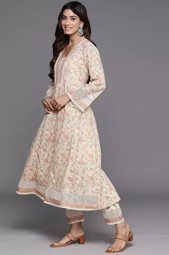 Floral Printed Mirror Work Pure Cotton Anarkali Kurta with Trousers & Dupatta