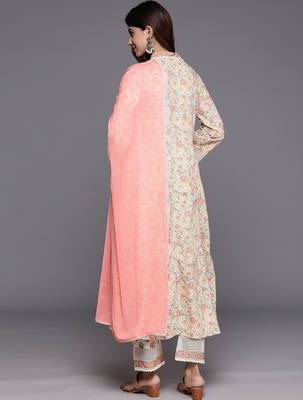 Floral Printed Mirror Work Pure Cotton Anarkali Kurta with Trousers & Dupatta 7