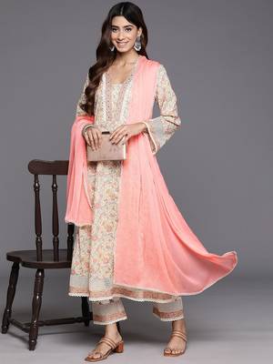 Floral Printed Mirror Work Pure Cotton Anarkali Kurta with Trousers & Dupatta 8
