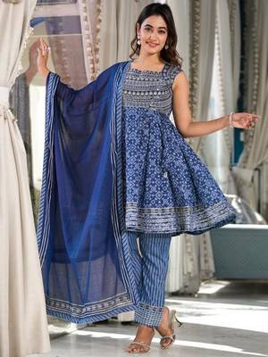 Blue Embroidered Empire Square Neck Anarkali Kurta With Trousers & Dupatta 1