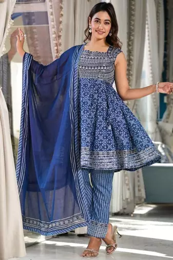 Blue Embroidered Empire Square Neck Anarkali Kurta With Trousers & Dupatta