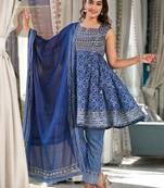 Blue Embroidered Empire Square Neck Anarkali Kurta With Trousers & Dupatta