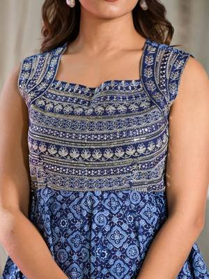 Blue Embroidered Empire Square Neck Anarkali Kurta With Trousers & Dupatta 2