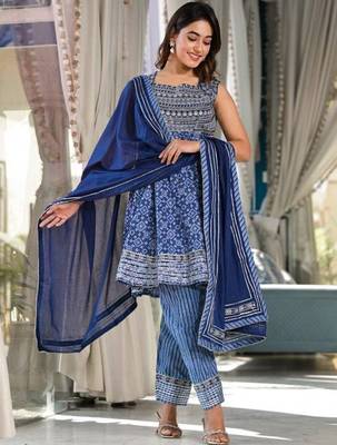 Blue Embroidered Empire Square Neck Anarkali Kurta With Trousers & Dupatta 3