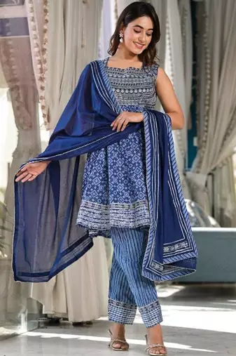 Blue Embroidered Empire Square Neck Anarkali Kurta With Trousers & Dupatta