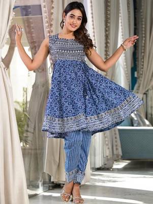 Blue Embroidered Empire Square Neck Anarkali Kurta With Trousers & Dupatta 4