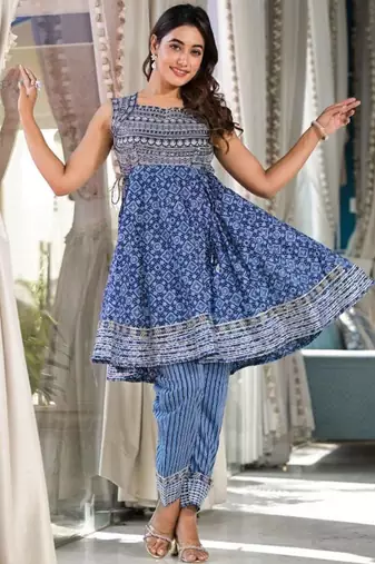 Blue Embroidered Empire Square Neck Anarkali Kurta With Trousers & Dupatta