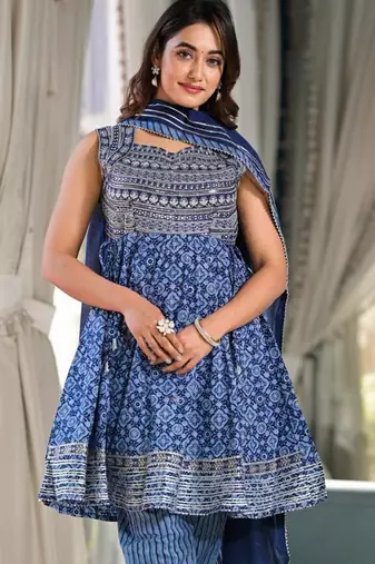 Blue Embroidered Empire Square Neck Anarkali Kurta With Trousers & Dupatta