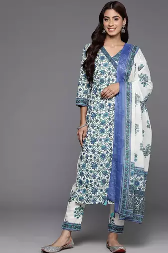 Women Floral Printed Angrakha Pure Cotton Kurta with Trousers & With Dupatta