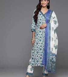 Women Floral Printed Angrakha Pure Cotton Kurta with Trousers & With Dupatta