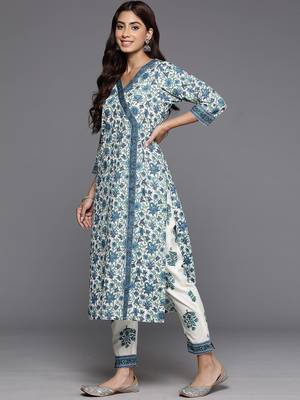 Women Floral Printed Angrakha Pure Cotton Kurta with Trousers & With Dupatta 6
