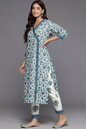 Women Floral Printed Angrakha Pure Cotton Kurta with Trousers & With Dupatta