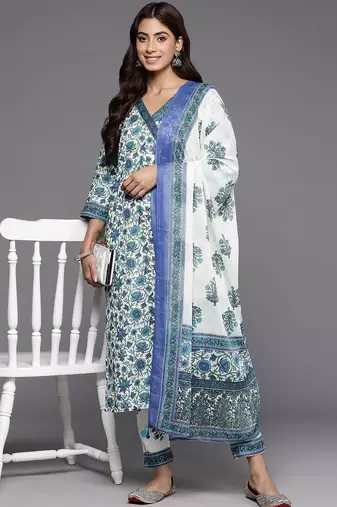 Women Floral Printed Angrakha Pure Cotton Kurta with Trousers & With Dupatta
