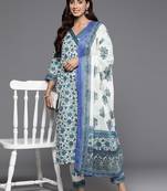 Women Floral Printed Angrakha Pure Cotton Kurta with Trousers & With Dupatta
