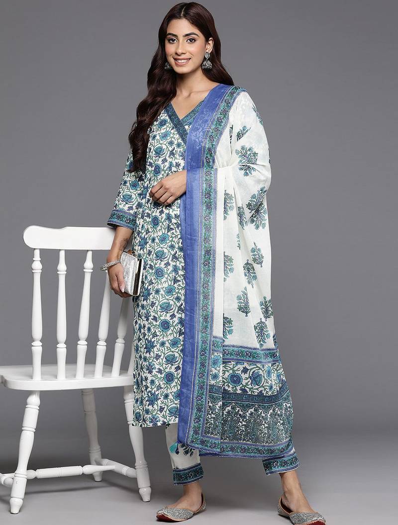 Women Floral Printed Angrakha Pure Cotton Kurta with Trousers & With Dupatta
