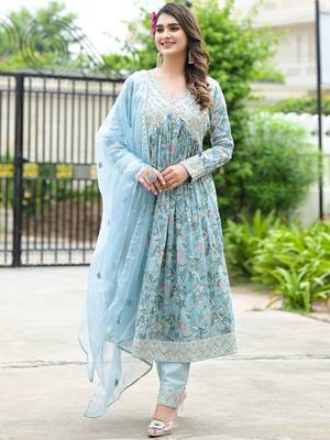 Floral Printed Mirror Work Anarkali Kurta With Trouser & Dupatta 1