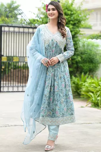 Floral Printed Mirror Work Anarkali Kurta With Trouser & Dupatta