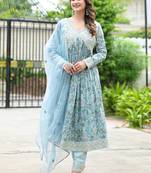 Floral Printed Mirror Work Anarkali Kurta With Trouser & Dupatta
