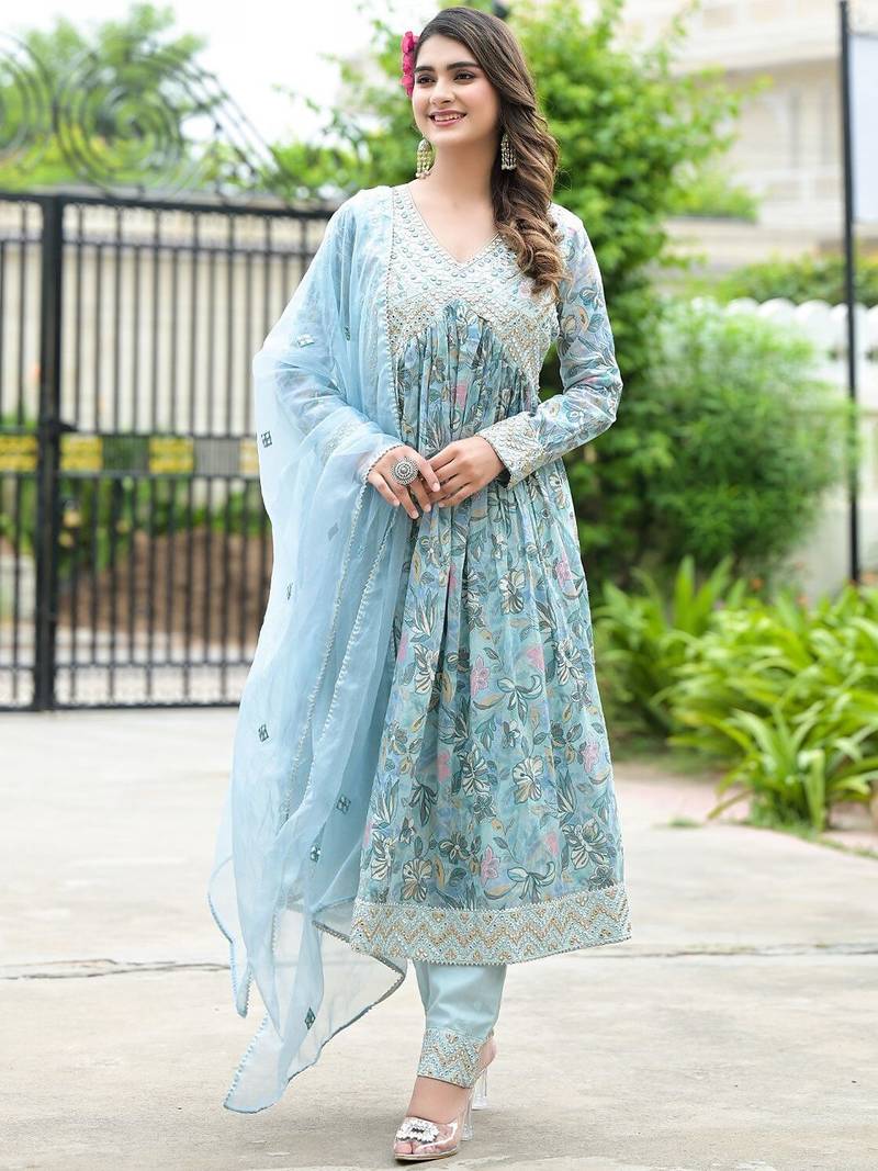 Floral Printed Mirror Work Anarkali Kurta With Trouser & Dupatta