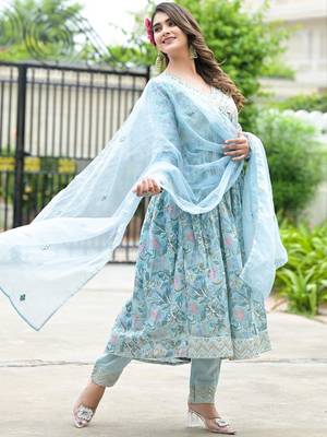 Floral Printed Mirror Work Anarkali Kurta With Trouser & Dupatta 2