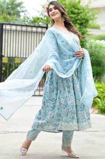 Floral Printed Mirror Work Anarkali Kurta With Trouser & Dupatta