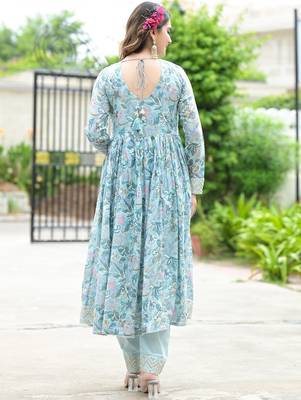 Floral Printed Mirror Work Anarkali Kurta With Trouser & Dupatta 3