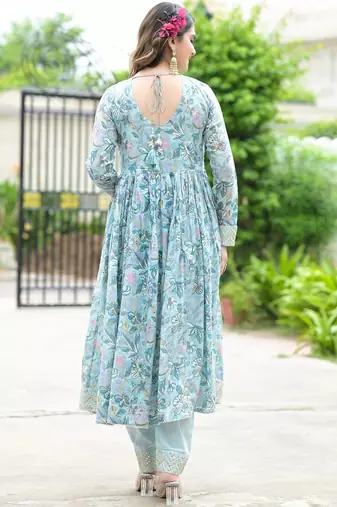 Floral Printed Mirror Work Anarkali Kurta With Trouser & Dupatta