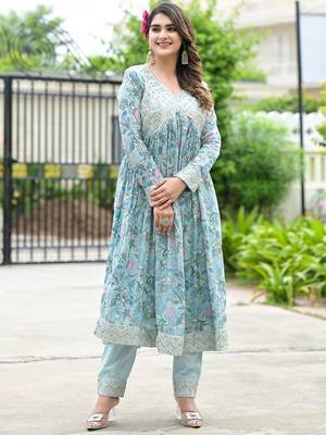 Floral Printed Mirror Work Anarkali Kurta With Trouser & Dupatta 4