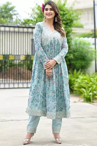 Floral Printed Mirror Work Anarkali Kurta With Trouser & Dupatta