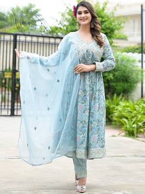 Floral Printed Mirror Work Anarkali Kurta With Trouser & Dupatta 5