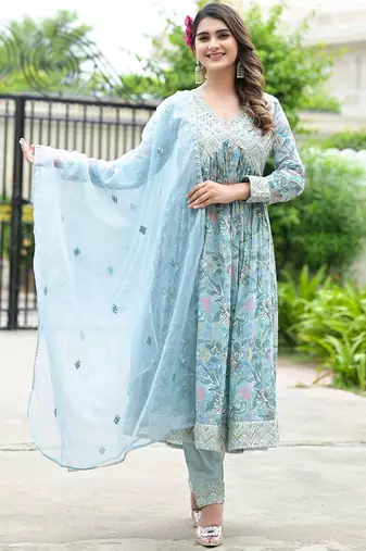 Floral Printed Mirror Work Anarkali Kurta With Trouser & Dupatta