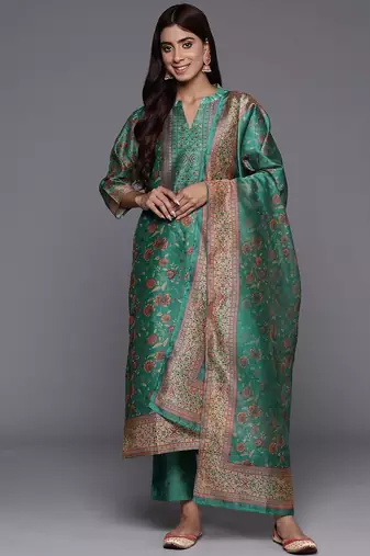 Women Floral Printed Regular Chanderi Silk Kurta with Trousers & Dupatta