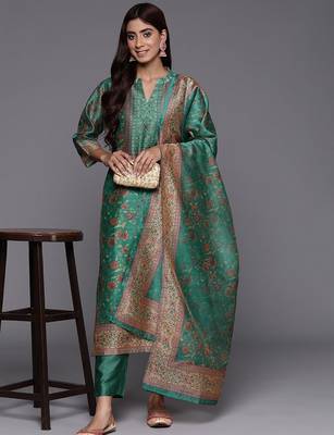 Women Floral Printed Regular Chanderi Silk Kurta with Trousers & Dupatta 8