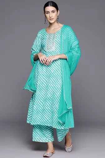 Women Leheriya Striped Regular Gotta Patti Cotton Kurta with Trousers & Dupatta
