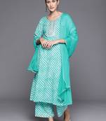 Women Leheriya Striped Regular Gotta Patti Cotton Kurta with Trousers & Dupatta